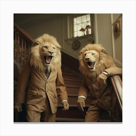 Two Lions On The Stairs - Friends - Cute - Vintage - Laughing Canvas Print