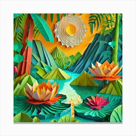 Firefly Beautiful Modern Abstract Lush Tropical Jungle And Island Landscape And Lotus Flowers With A Canvas Print
