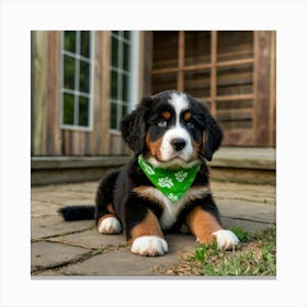 Bernese Mountain Dog puppy with brown eyes, wearing a bright green bandana with white designs. The image should capture Lemmy in an adorable, eye-catching pose that embodies the playful and loving nature of a puppy. The image should be in the vivid and detailed 3d animation. Set the background to a front porch, in the background you can see 3 pairs of girls shoes, 2 toddler size and one teenagers making it colorful and engaging. 3 Canvas Print