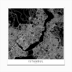 Istanbul Black And White Map Square Canvas Print