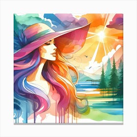 Watercolor Girl In A Hat 4 Canvas Print