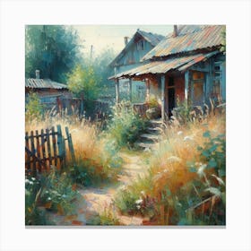 Old Wooden House In The Countryside, Acrylic Painting Style Canvas Print