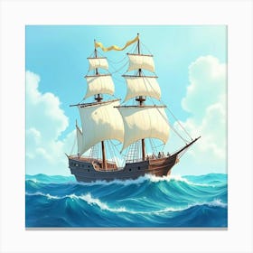 Enchanted Ship Drifting In Watercolor Tranquil Ocean 1 Canvas Print