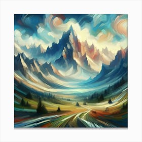 An Illustration Of A Mountain In The Style Of Impressionism With A Wide Aspect Ratio Canvas Print