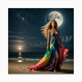 Beautiful Woman On The Beach At Night Canvas Print