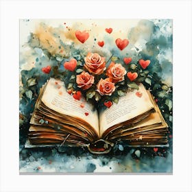 Watercolor Romantic Book Roses Hearts 7 Canvas Print