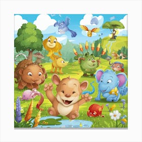 Cartoon Animals In The Forest 1 Canvas Print
