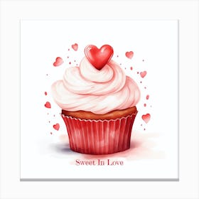 Red Heat Watercolor Cupcake Sweet Valentine Canvas Print