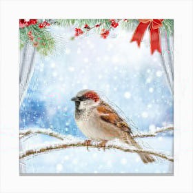 Winter Sparrow Adorned In Festive Attire Perched On A Frost Coated Branch Surrounded By Delicate S Canvas Print