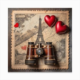 Firefly A Paris, France Vintage Travel Flatlay, Binoculars, Small Red Heart, Map, Stamp, Flight, Air (1) Canvas Print