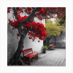 Red Bench In Front Of A Tree Canvas Print