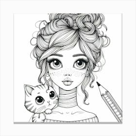 Girl With Cat Coloring Page Canvas Print