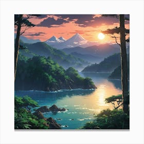 Serene Sunset Over A Tranquil Mountainous Lake Surrounded By Lush Forest Canvas Print