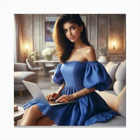 Beautiful Young Woman Working On Laptop 2 Canvas Print