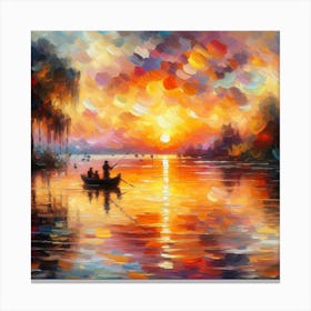 Fishing at Dusk: An Impressionist Painting of a Sunset with a Silhouette of a Boat and Two People Canvas Print