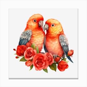 Two Parrots With Roses 1 Canvas Print