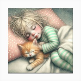 Little Girl Sleeping With Her Kitten Canvas Print