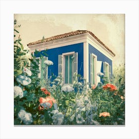 Blue House With Flowers Canvas Print