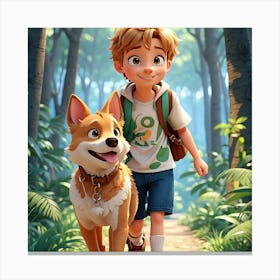 a smiling boy, holding his faithful friend, Bolt, the dog, as they walk through the forest together. Canvas Print