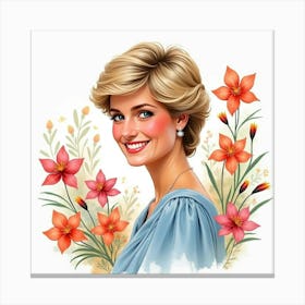 Bright Watercolor Flowers, Princess Diana S Graceful Smiling Face 1 Canvas Print