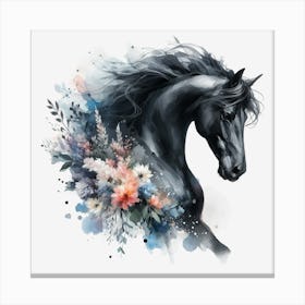 Black Horse With Flowers Canvas Print