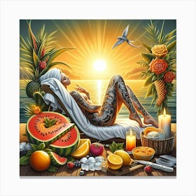 Tattooed Woman Relaxing At The Beach Canvas Print