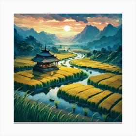 Beautiful views of rice fields, close to the river and surrounded by mountains, 3 Canvas Print