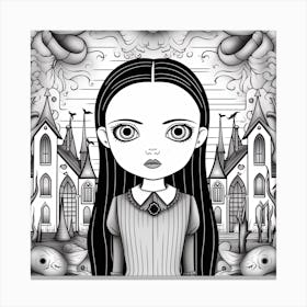 Wednesday Addams Line Art Cartoon Illustration 4 Fan Art Canvas Print