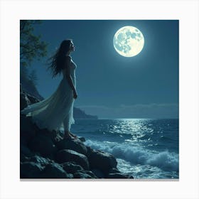 A Beautiful Siren Singing On A Rocky Shore Under A Full Moon Canvas Print