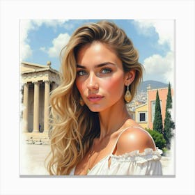 Watercolor Portrait Of A Beautiful Greek Woman, Framed By The Stunning Architecture Of Athens 1 Canvas Print