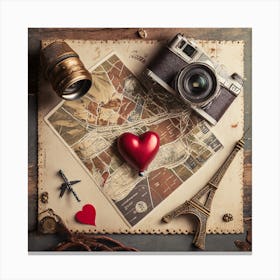 Firefly A Paris, France Vintage Travel Flatlay, Camera, Small Red Heart, Map, Stamp, Flight, Airplan Canvas Print