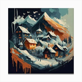 Abstract painting of a mountain village with snow falling 1 Canvas Print