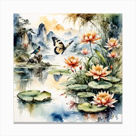 Watercolour Butterflies over Lilly Pond I Canvas Print