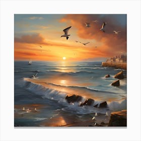 Seagulls At Sunset Canvas Print