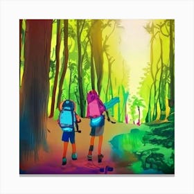 Two Hikers In The Forest Canvas Print