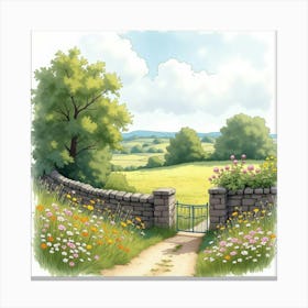 An English Countryside Scene With A Classic Stone Wall And Wildflowers, Watercolor 1 Canvas Print