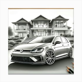 A Pencil Drawing Of A WV Golf 8 R In Front Of A Beautiful Modern Mansion 3 Canvas Print