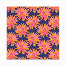 DAHLIA BURSTS Multi Abstract Blooming Floral Summer Bright Flowers in Fuchsia Pink Yellow Purple on Dark Blue Canvas Print