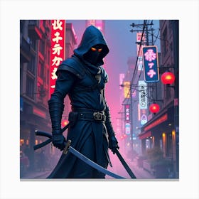 Stealthy Ninja In A Vibrant Watercolor City, Shadows And Neon Lights 1 Canvas Print