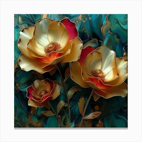 Gold Flowers On A Turquoise Background Canvas Print