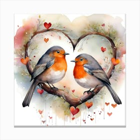 Robins In A Heart Canvas Print