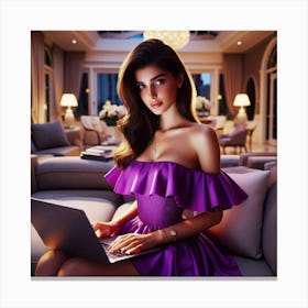 Beautiful Woman Using Laptop In Living Room 4 Canvas Print