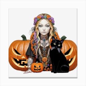 Halloween Girl With Black Cat Canvas Print