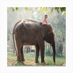 Little Girl Riding Elephant Canvas Print