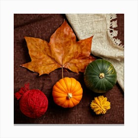 Autumnal Still Life Digital Painting Featuring Maple Leaf And Squash Placed Against Fabric Simulatin (1) Canvas Print