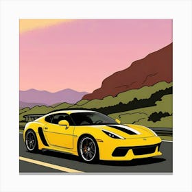 Speed and Style: Striped Sports Car Close-Up Yellow Sports Car On The Road Canvas Print