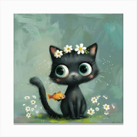 Black Cat With Fish 1 Canvas Print