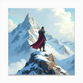 Noble Warrior Standing On A Snowy Mountain Peak, Watercolor Landscape 1 Canvas Print