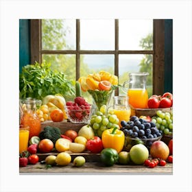 Assortment Of Fresh Fruits And Vegetables Arranged To Exhibit Nutritional Balance Captured In A Li (1) Canvas Print