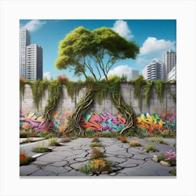 Graffiti Wall, Urban Jungle: Concrete Blossoms and Verdant Graffiti Canvas Print